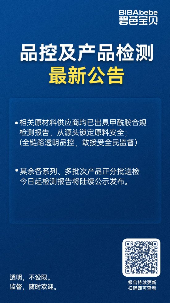 碧芭宝贝纸尿裤最新检测结果：主力款未检出甲酰胺	，剩余批次随出随公示