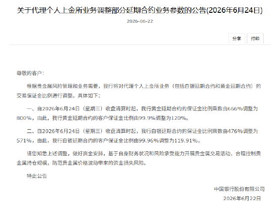中国银行:将对代理个人上金所业务的交易保证金比例进行调整